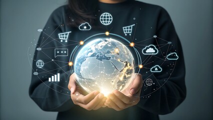 Global business network concept business woman holding glowing earth globe in her hands with virtual icons of online communication and ecommerce