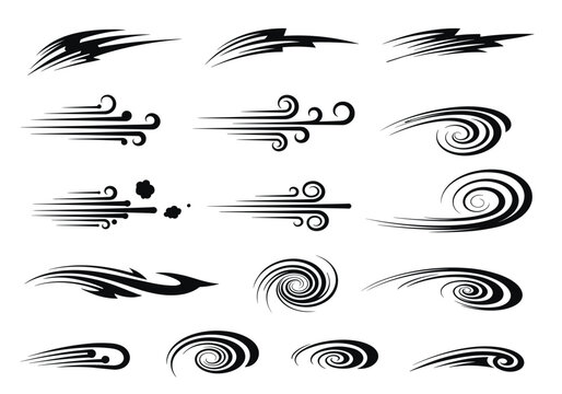 Abstract black and white speed lines, wind gusts, and swirl graphic elements for motion and energy designs.