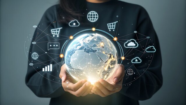 Global business network concept business woman holding glowing earth globe in her hands with virtual icons of online communication and ecommerce