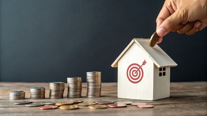 Hand putting coin to house model with dartboard target, saving money for real estate concept, investment property, mortgage and finance isolated on dark background
