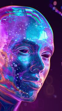Concept visualization of artificial intelligence in the form of a futuristic human head with digital elements and circuits on technology background. 3d animation