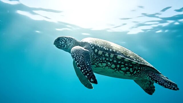 Majestic Leatherback Turtle Swims Gracefully in Sunlit Ocean Depths