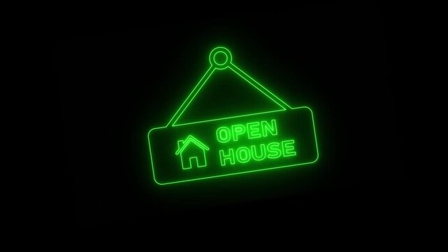 Neon glowing open house sign animation on black background.	
