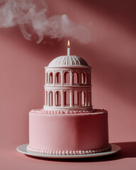 Fototapeta premium Elegant pink cake featuring a layered dome structure resembling a Roman rotunda, topped with a lit candle. Minimalist baroque-inspired surreal dessert concept.