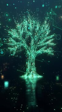 Big data cloud computing in the shape of a large tree. AI network technology or Green and Renewable energy concept. 3d animation background
