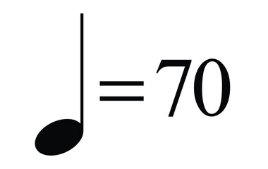 Quarter note equals 70 bpm icon, metronome mark vector graphic representing rhythm and steady tempo, transparent background