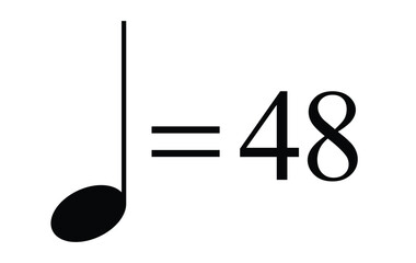 Quarter note equals 48 bpm icon, metronome mark vector design showing rhythm and timing, transparent background