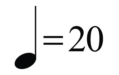 Quarter note equals 20 bpm icon, metronome mark symbol showing slow tempo and rhythm, vector with transparent background