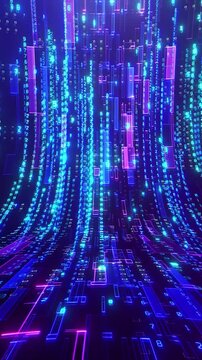 Flowing blue digital data stream with glowing numbers and neon particles over a dark background. Concept of big data, coding, and technology.