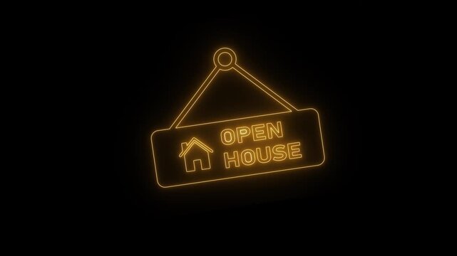 Neon glowing open house sign animation on black background.