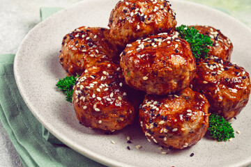 Tsukune, Japanese meatballs, minced chicken, fried on a skewer, with yakitori sauce, homemade, no people,