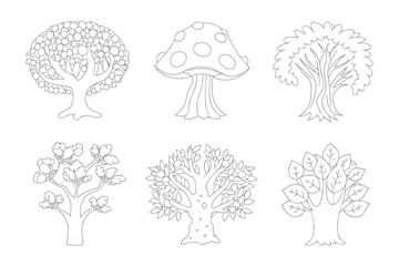 Outline of Nature's Elements: An illustration of various trees and mushroom, ideal for educational or creative projects.