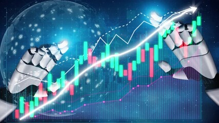 Dynamic visualization of robotic hands engaging with stock market trends, symbolizing advanced technology and financial analysis in a futuristic setting. Copula - Powered by Adobe