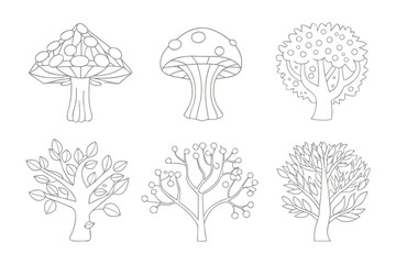 Artistic Trees Composition: A collection of six unique line art trees showcase a variety of artistic styles and textures, inviting creativity and imagination. 
