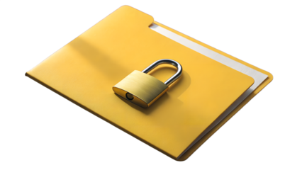 Yellow folder with small metallic padlock, isolated on transparent background, realistic lighting.