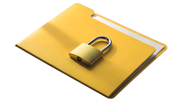 Yellow folder with small metallic padlock, isolated on transparent background, realistic lighting.