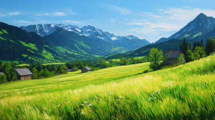 Fototapeta premium Idyllic mountain landscape in the Alps with blooming meadows in springtime