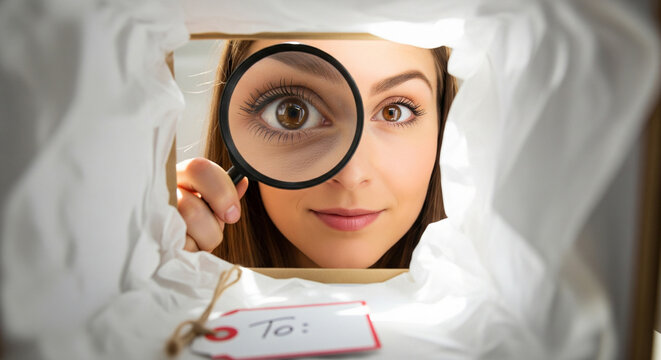 Woman inspecting her gift with a magnifying glass, view from inside the box