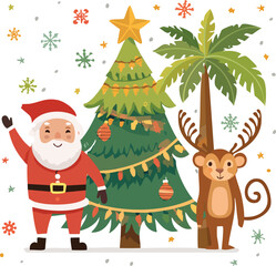 Naklejka premium Jolly Santa Claus Waving Next to Christmas Tree