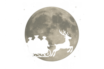 Full moon cutout with the silhouette of santa claus flying his reindeer sleigh, symbolizing christmas and holiday magic