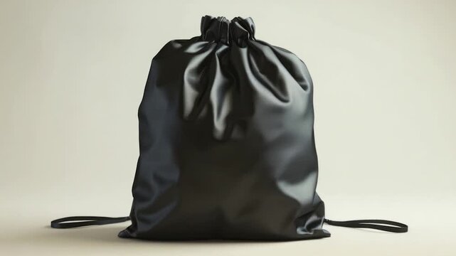Video Close-up of a black drawstring bag on a clean white background, ideal for e-commerce or product 