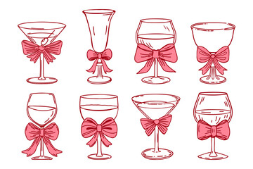 Collection of elegant pink cocktail and wine glasses with bows. Hand drawn sketch illustration.