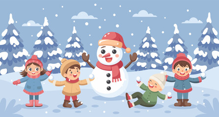 Happy children playing with snowman in winter forest. Kids having fun with snow. Christmas and New Year concept illustration.