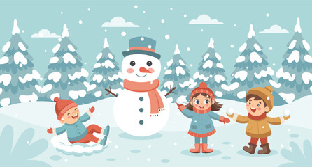 Happy children playing with snowman in winter forest. Kids having fun with snow. Christmas and New Year concept illustration.