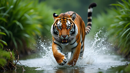 Tiger Running Through River Splashing Water