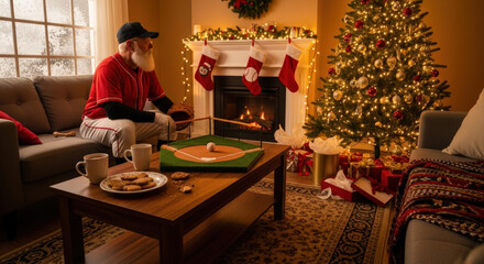 Baseball loving senior man in red baseball uniform relaxes by fireplace with Christmas tree and gifts.