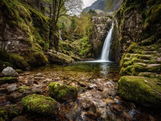 Fototapeta premium Natural Waterfall Landscape Lush Green Mossy Rocks Flowing Water Tranquil Stream Forest Scenery Outdoor Environment Serene Wilderness Beautiful Nature View