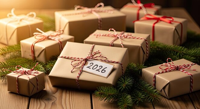 Festive Presents Wrapped in Brown Paper with Red and White String