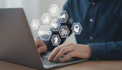 Fototapeta premium building a strong brand presence with digital marketing icons on virtual interface