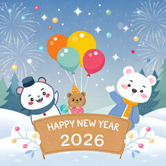 Happy birthday card with teddy bear and cartoon snowman, winter holiday greeting and Santa gift illustration