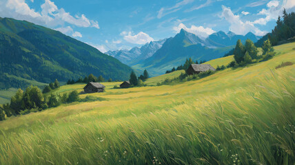 Idyllic mountain landscape in the Alps with blooming meadows in springtime