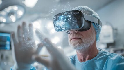 Experienced surgeon wearing virtual reality headset interacts with digital hologram in advanced operating room. Futuristic technology revolutionizes modern healthcare and surgical procedures - Powered by Adobe