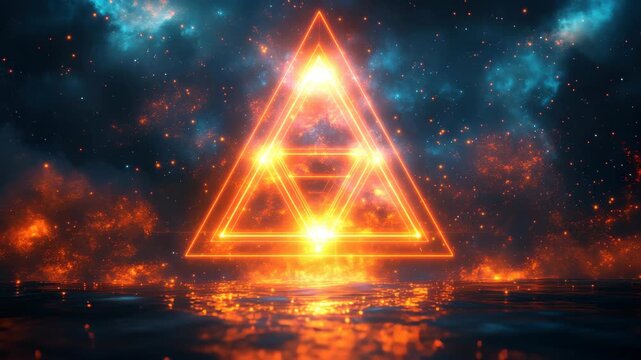Mysterious abstract scene featuring glowing triangular shapes and cosmic elements