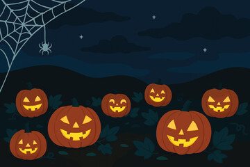 Pumpkin Patch with Glowing Jack-O-Lantern Faces and Spider Web