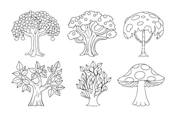 Nature's Lineup: A collection of six meticulously drawn trees, each showcasing a unique silhouette and intricate details.