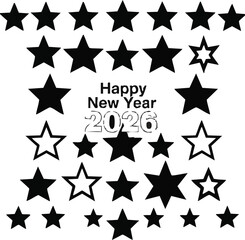 Happy New Year 2026 with Black Stars on White Background
