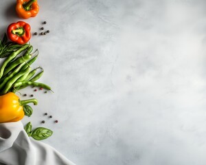 Fresh vegetables on a light gray background. Yellow and orange bell peppers, green beans, basil leaves, and peppercorns create a colorful, natural still life with copy space for food design.