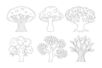 Variety of Trees Sketch: A collection of various trees and a mushroom is depicted in a charming line drawing, offering a sense of nature's diversity.  