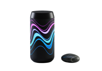 Obsidian black wireless speaker with purple-blue liquid light display, polished river stone, pristine transparent studio background, soft lighting, technological elegance