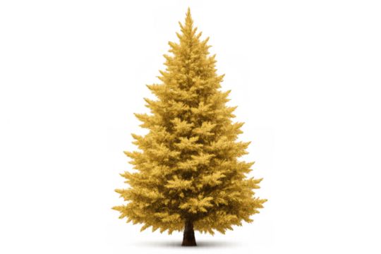 Golden pine tree with autumn-like yellow foliage against transparent background for seasonal designs