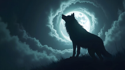 Lone Wolf Under Full Moon in Forest Night