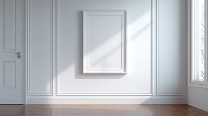 Fototapeta premium White room with a framed picture on the wall and a closed door on the left