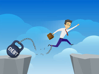 Businessman jumps over a cliff with debt weight on a chain. Vector illustration.