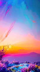 Vibrant Sunset Over Mountain Landscape with Dreamy Pastel Colors.