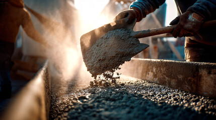 Worker pouring concrete with shovel on construction site during daytime