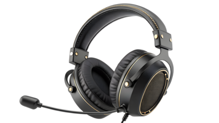 Gaming-style over-ear headset with attached microphone, isolated on transparent background, sharp metallic accents.